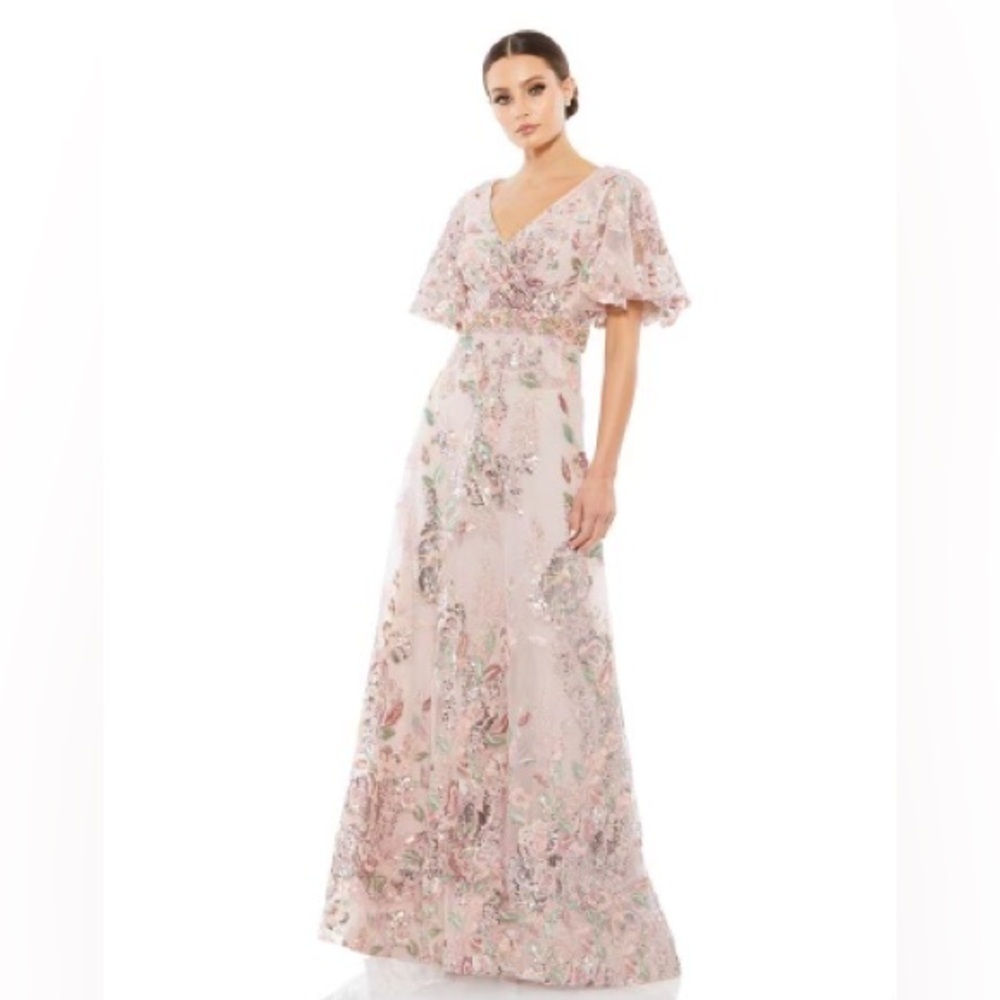 New! Mac Duggal Sequin Floral Butterfly A-Line Flutter Sleeve Gown Sz 10 Nwt!
